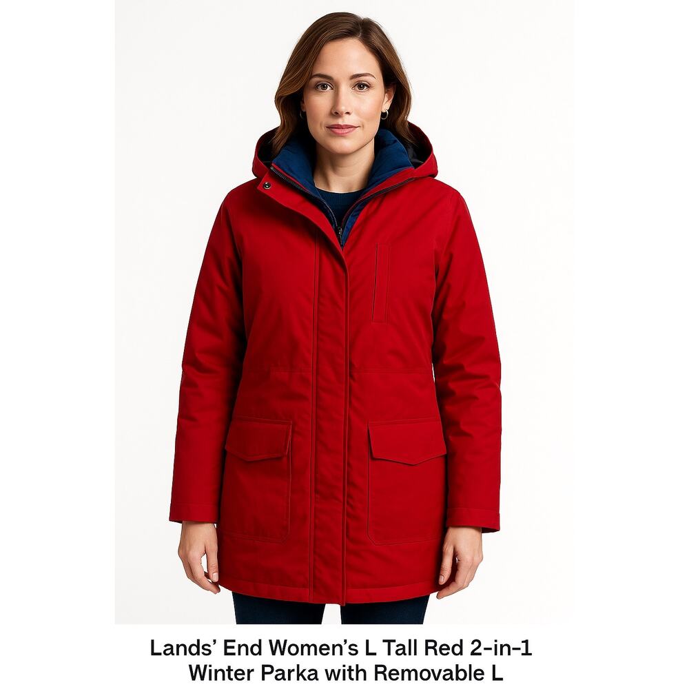 Lands’ End Women’s L Tall Red 2-in-1 Winter Parka with Removable Inner Jacket